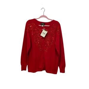 NWT BOB MACKIE Wearable Art Red Lightweight Cardigan LARGE Sequin Swirl Design